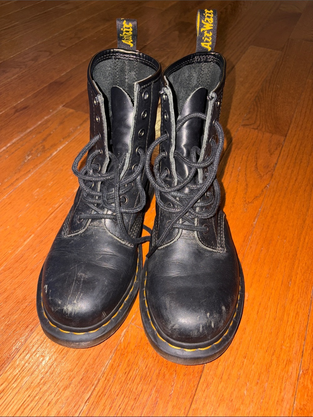 Dr. Martens Black Leather Lace-Up Combat Boots with Yellow Stitching